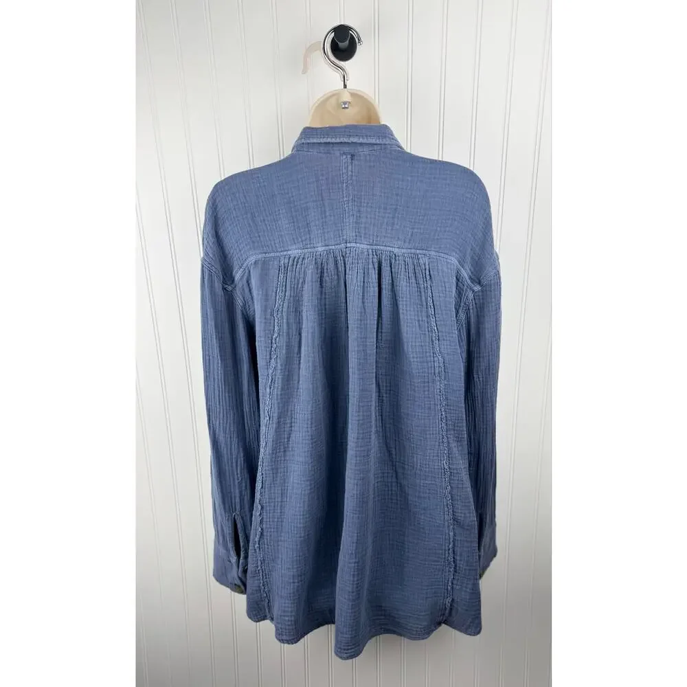 Free People Blue Cotton Gauze Button Front Tunic Top Size Small - Picture 3 of 10